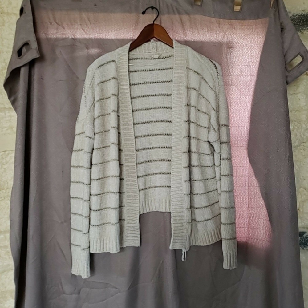 Mystree Cardigan Sweater Womens Medium White Crew Neck Open Front Striped Knit
